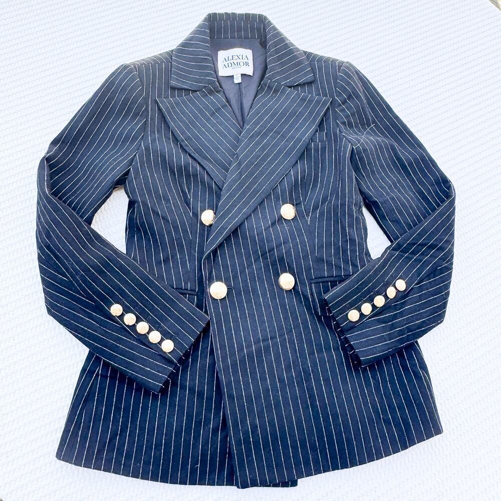 Alexia Admor Farrah Striped Classic Double Breasted Jacket Navy Gold Size 4